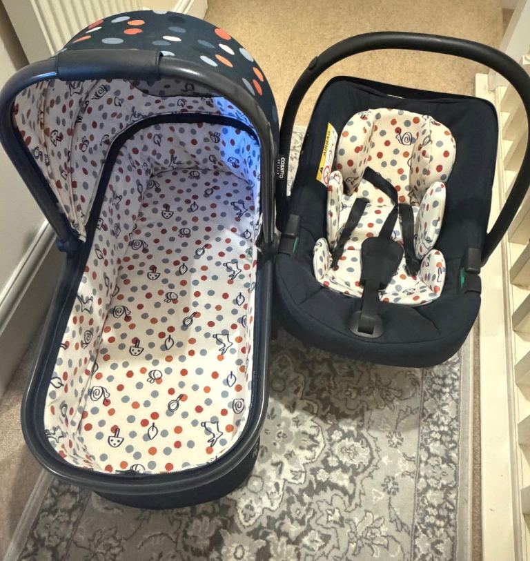 Blue Baby Car Seat and Carrycot Set - Polka Dot Design, Good Condition