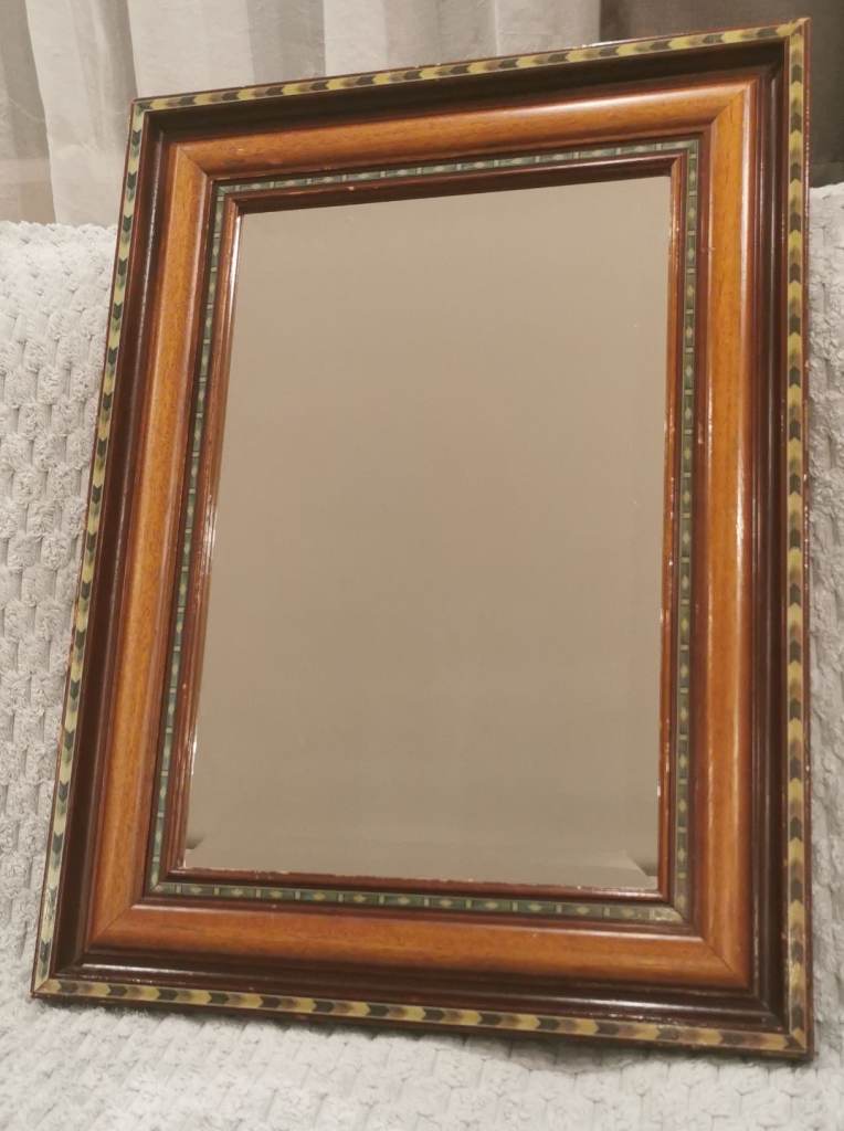 Stunning Antique Marquetry Wood Mirror – Inlaid Frame & Beveled Edge Glass