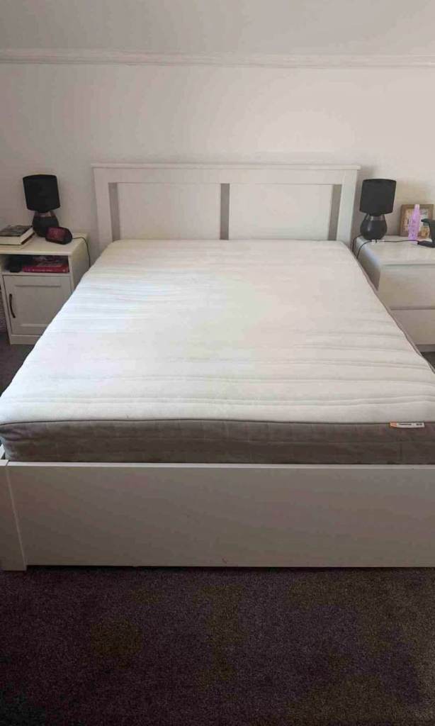 White Double Bed Frame with Slats – Good Condition