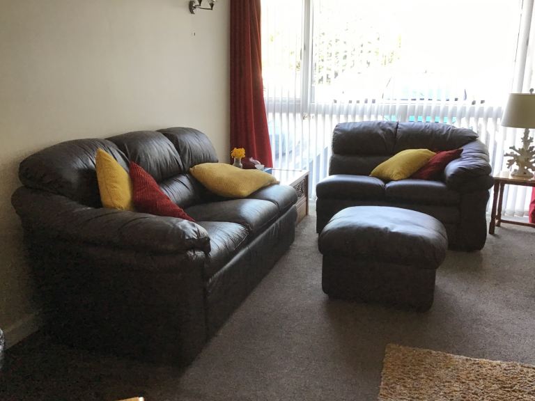 Italian brown leather 3 seater and 2 seater sofas plus pouffe - FREE TO COLLECTOR