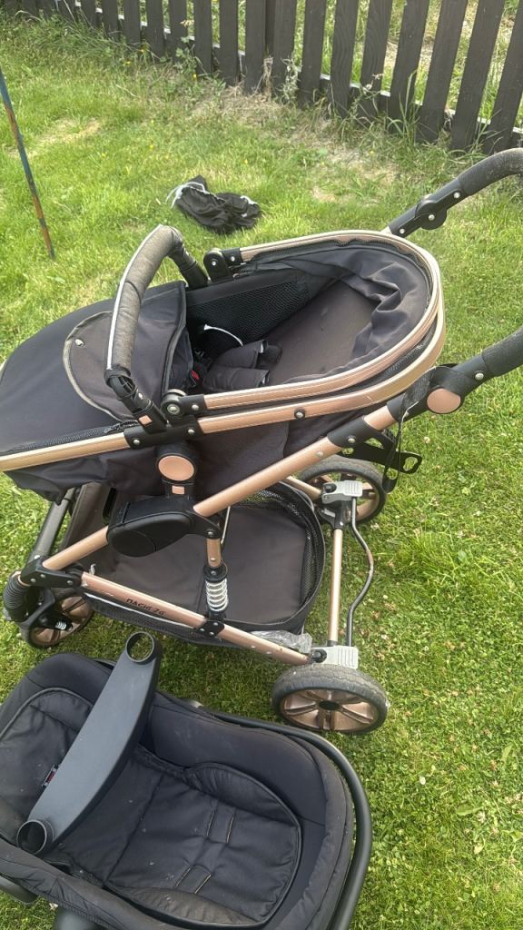 Black and Rose Gold Travel System Pram and Car Seat