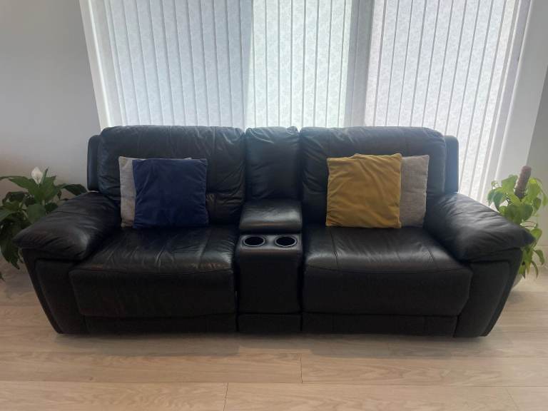 Sofa - Two-Seater Recliner - Black Leather | super comfy + centre-console cubby + 2x drinks holders