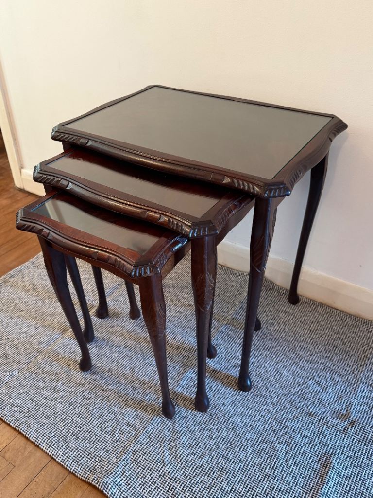 Vintage Nest of 3 Wooden Glass Top Tables – Queen Anne Style