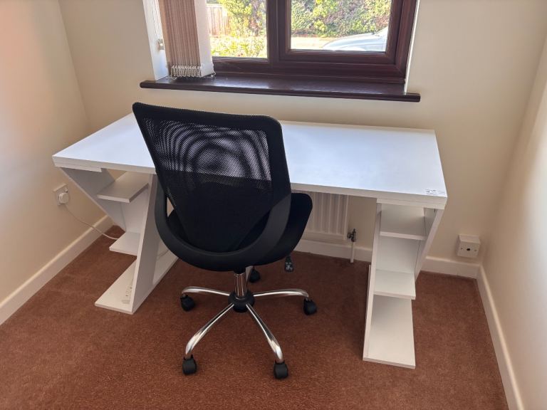 White Desk with Shelves and Black Office Chair