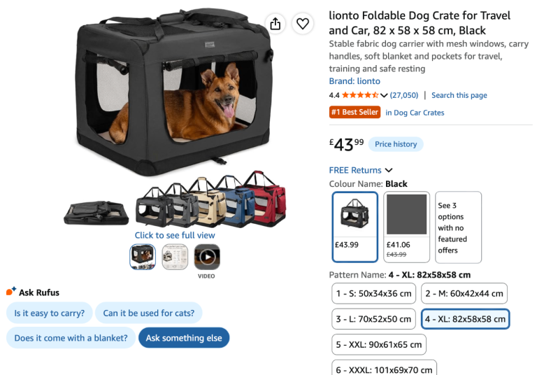 Free! lionto Foldable Dog Crate for Travel and Car, 82 x 58 x 58 cm, Black