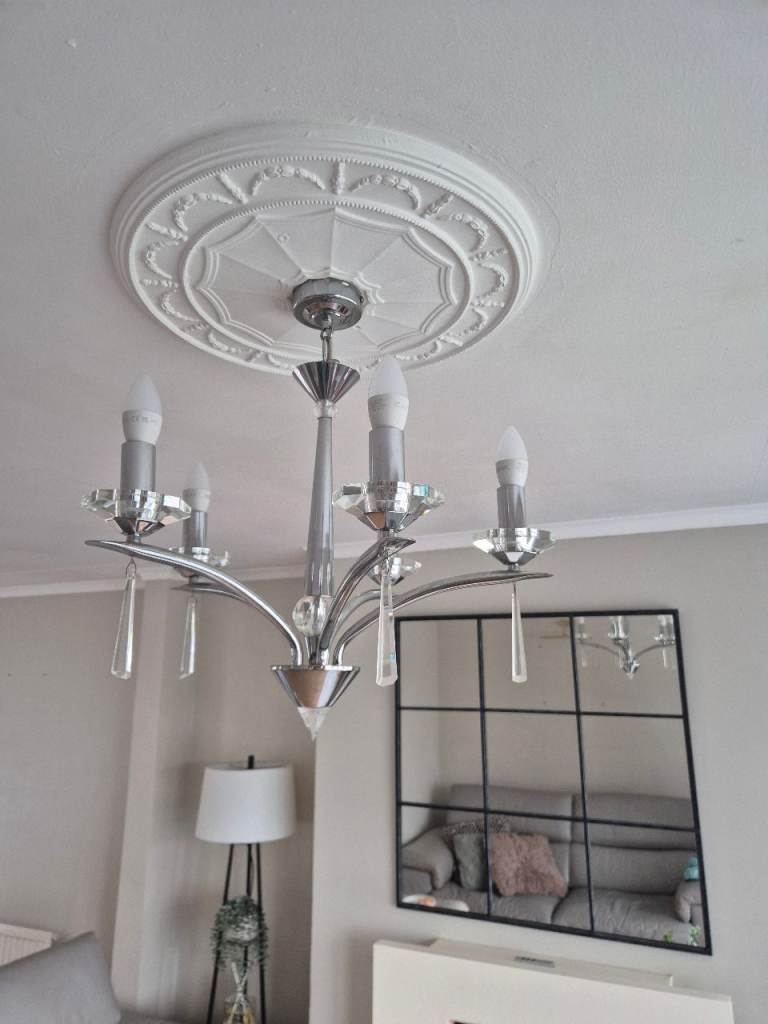 Modern Chrome Chandelier with Crystal Drops – Good Condition