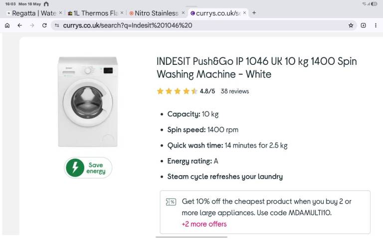 Indesit push and go 10k washer 1400 spin