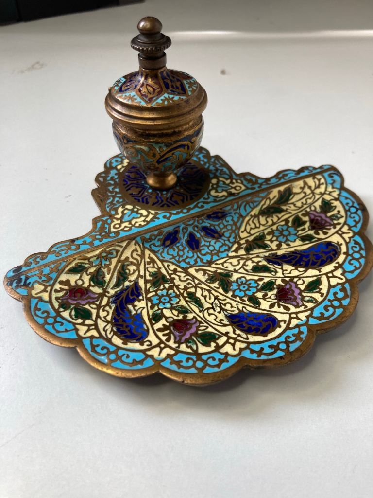 Antique Champlevé enamel inkwell
