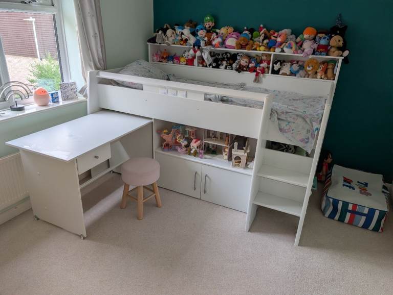 White Kids High Sleeper Cabin Bed with Desk and Storage