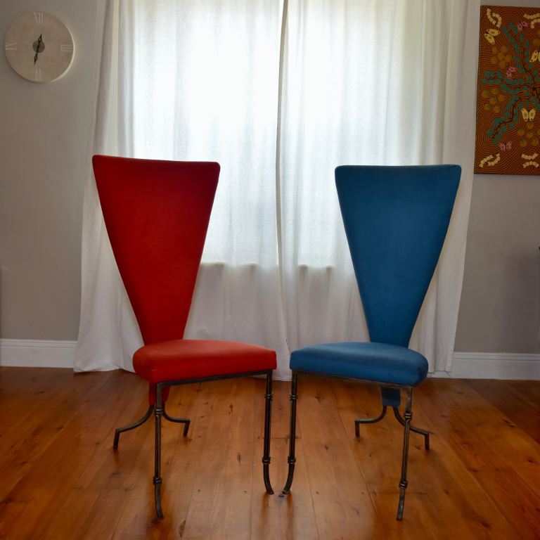 Pair 1990s POSTMODERN SCULPTURAL VELVET HIGH BACK DINING CHAIRS 