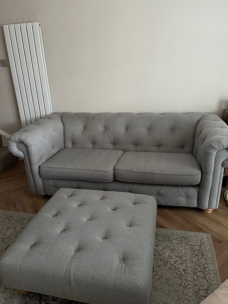 light grey chesterfield sofa, cuddle seat and footstool