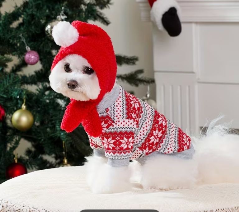 Small dogs .Poppies.Cats Pullover sweater snowflake pattern and detachable hood 