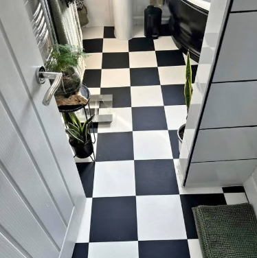 Chess Black and White Vinyl perfect for Bathrooms & Kitchens. Available 2m wide only.