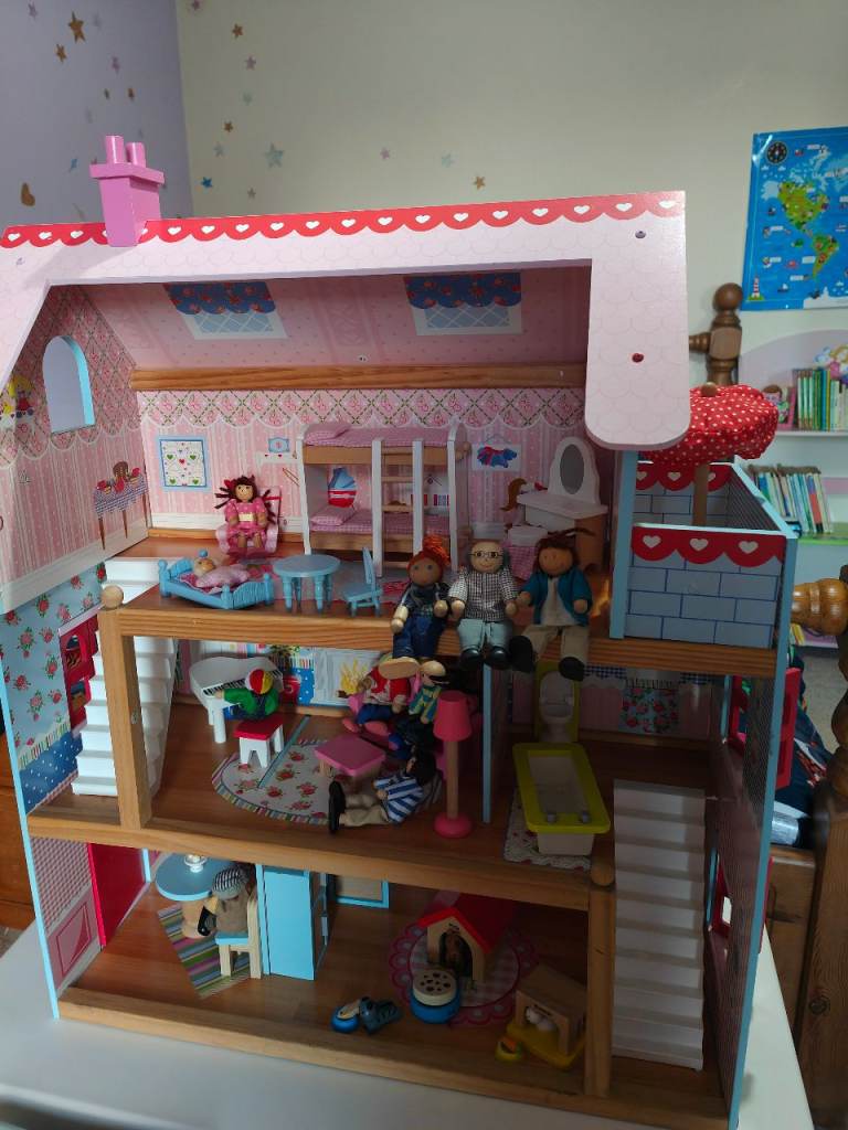 Large Wooden Dolls House with Furniture and Dolls
