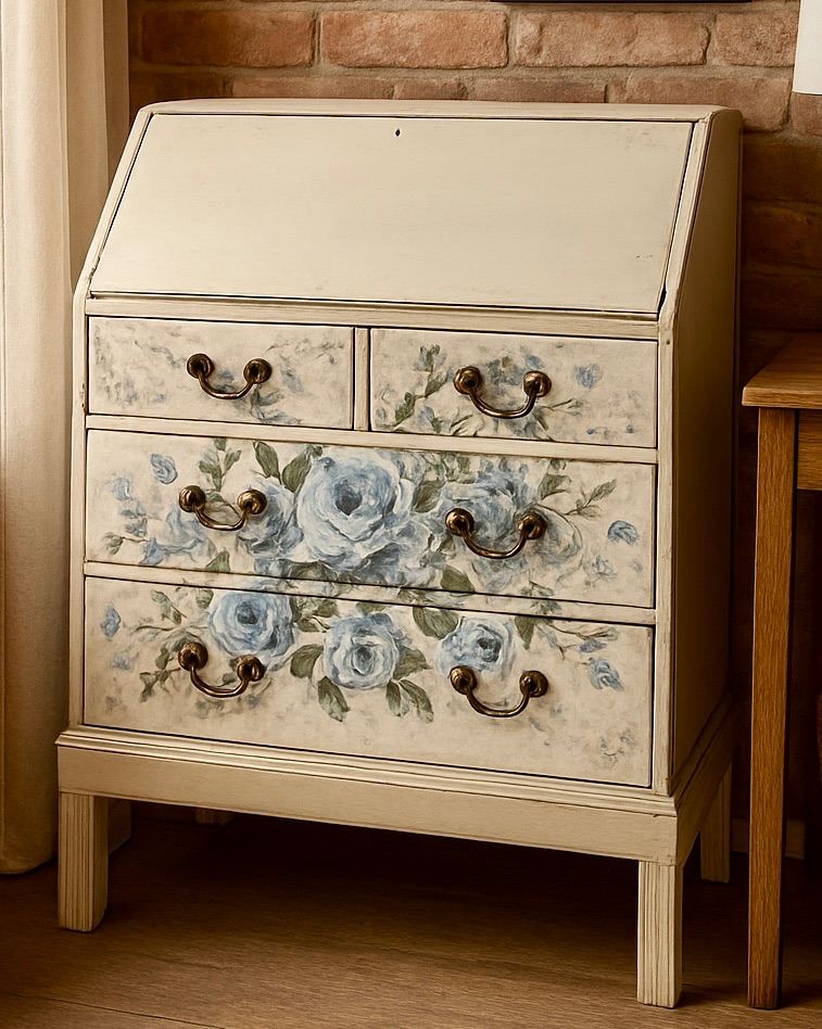 Hand Painted Writing Bureau with Blue Floral Design | Vintage Upcycled Desk with Storage