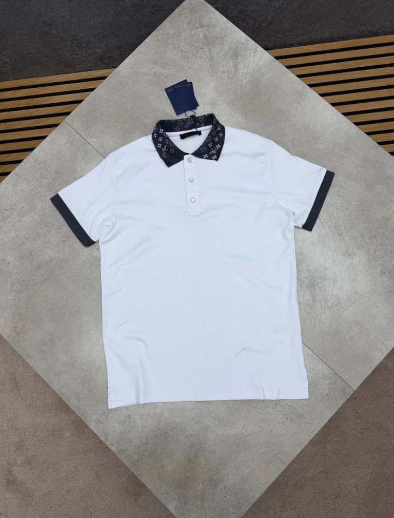 Men's Pre-Loved Polo T-Shirt – White with Patterned Collar
