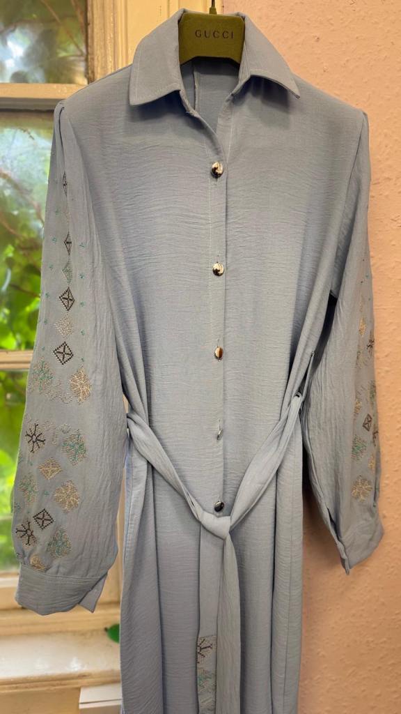 Light Blue Long Sleeve Abaya/ Maxi Dress with Belt – New Condition, Size Large 