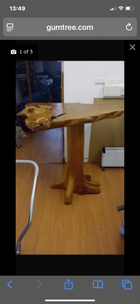 Teak root bar table and 2 stools 