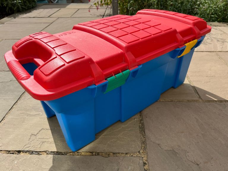 Tough Red and Blue Kids Toy Storage Box with clip-on hinged lid