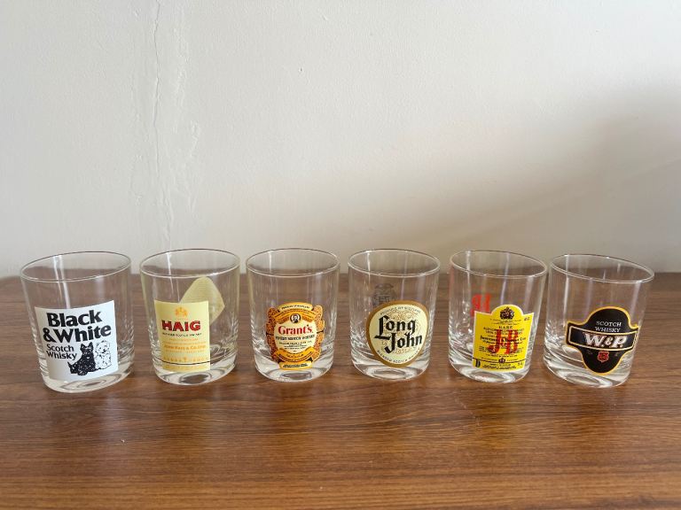 Set of 6 Vintage Whisky Glasses with Brand Logos