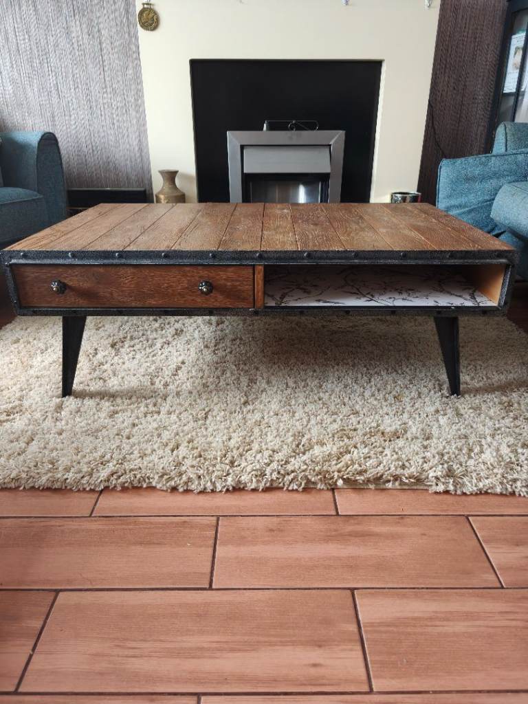 Industrial Style Coffee Table with Drawer – Good Condition