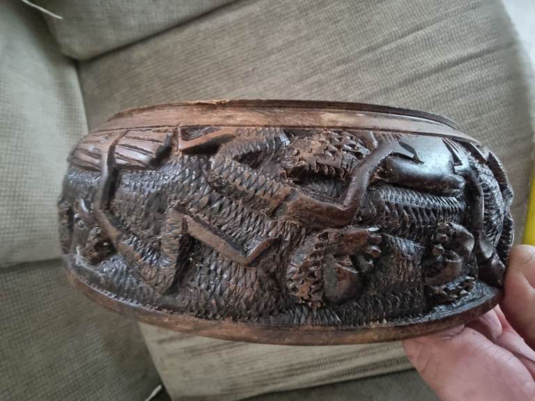 Vintage Hand Carved Wooden African Chinese? Fruit Bowl Farming Scenes beautiful