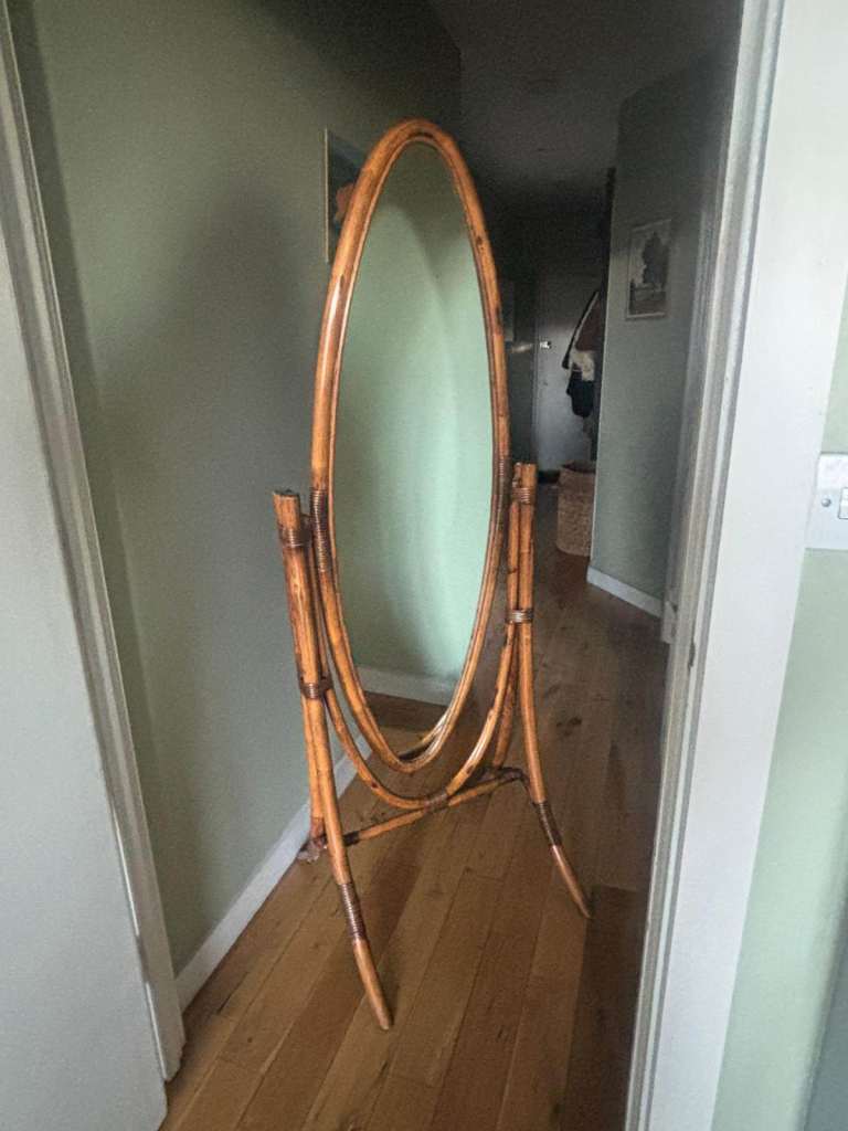 Vintage bamboo / rattan cheval (free-standing) mirror, mid-20th century