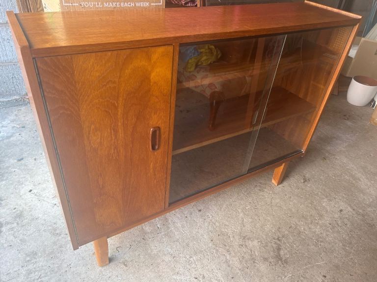 Wooden Sideboard with Glass Sliding Doors – Good Condition