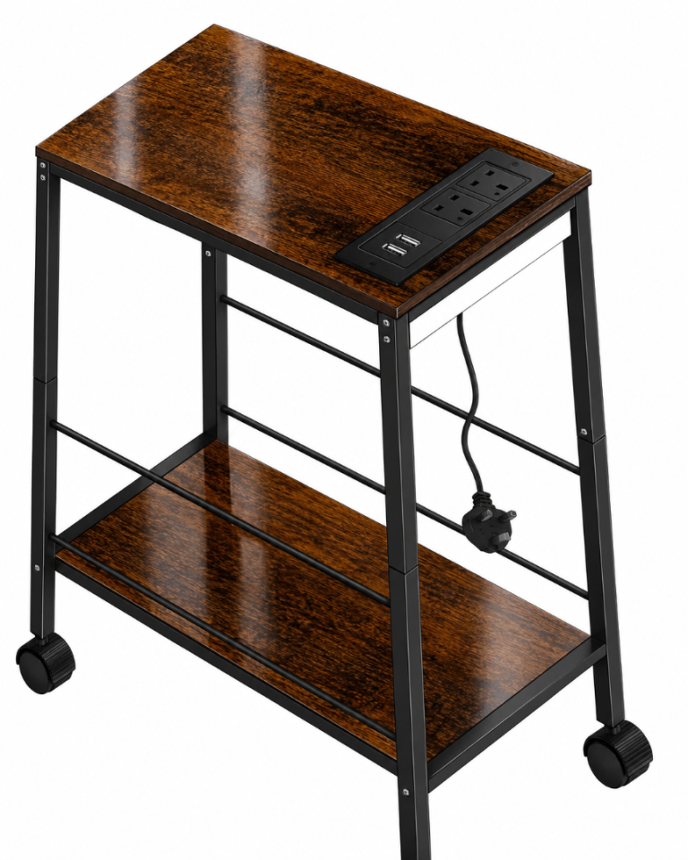 Side Table With Power Socket USB Charging Station Rolling End Table Brown Black