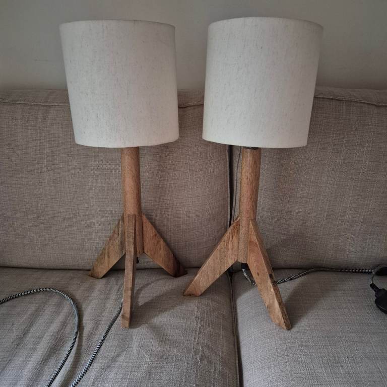 Pair of Wooden Tripod Table Lamps with White Shades