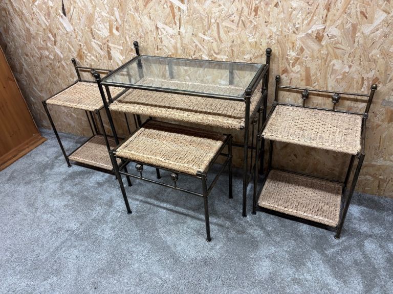 Delivery can be arranged. Vintage Rattan & Metal Dresser with Matching Bedside Tables