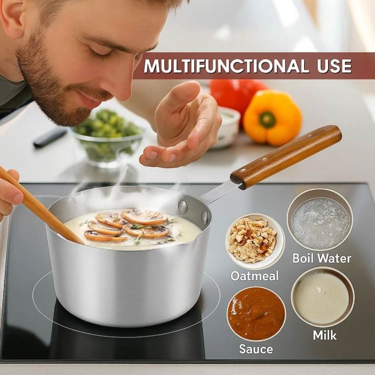 Induction Milk Pan Tea Pan Milk Boiling Pan Wooden Handle Saucepan Coffee Pot