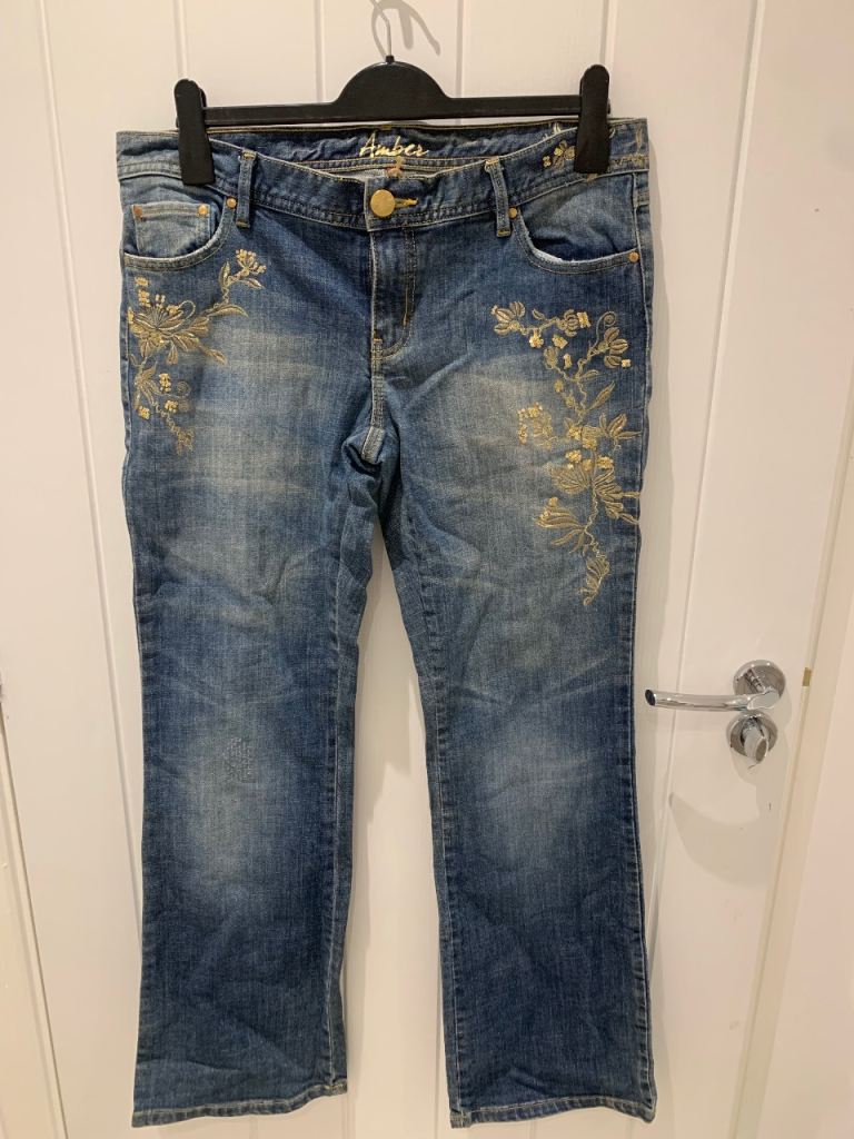Women's Blue Denim Jeans with Gold Embroidery