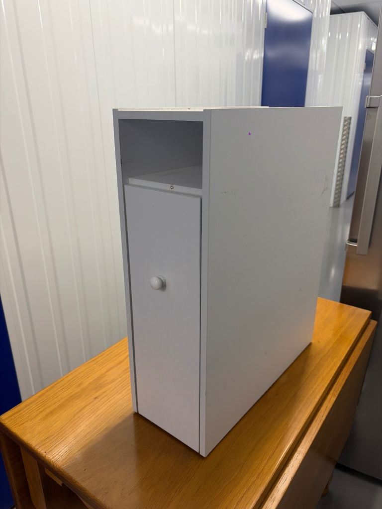 White Storage Cabinet with Door and Shelf – Good Condition