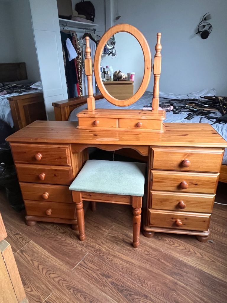 Pine Dressing Table, Stool and Mirror.
