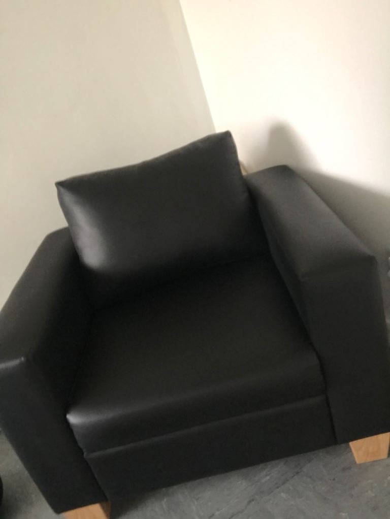 New black faux leather single sofa chair (quick sale) offers accepted)