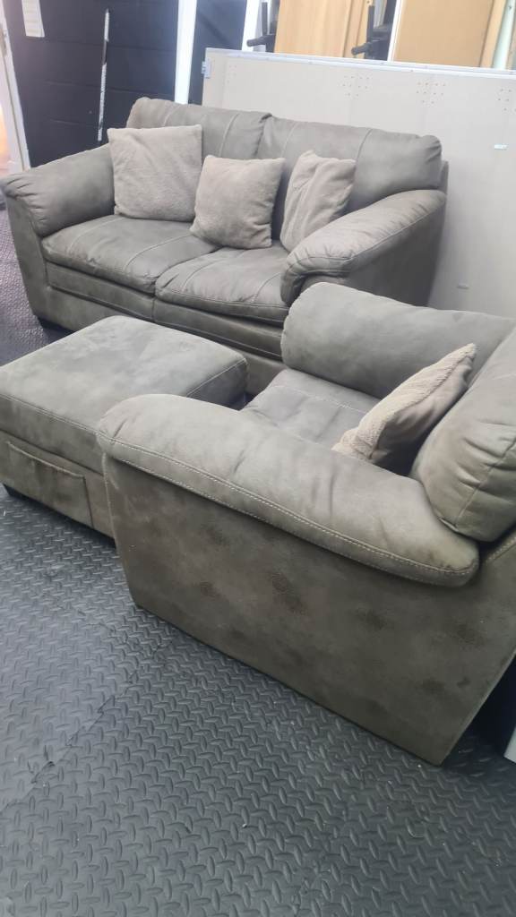 Grey/brown Fabric Sofa and Armchair with Storage Footstool – Good Condition