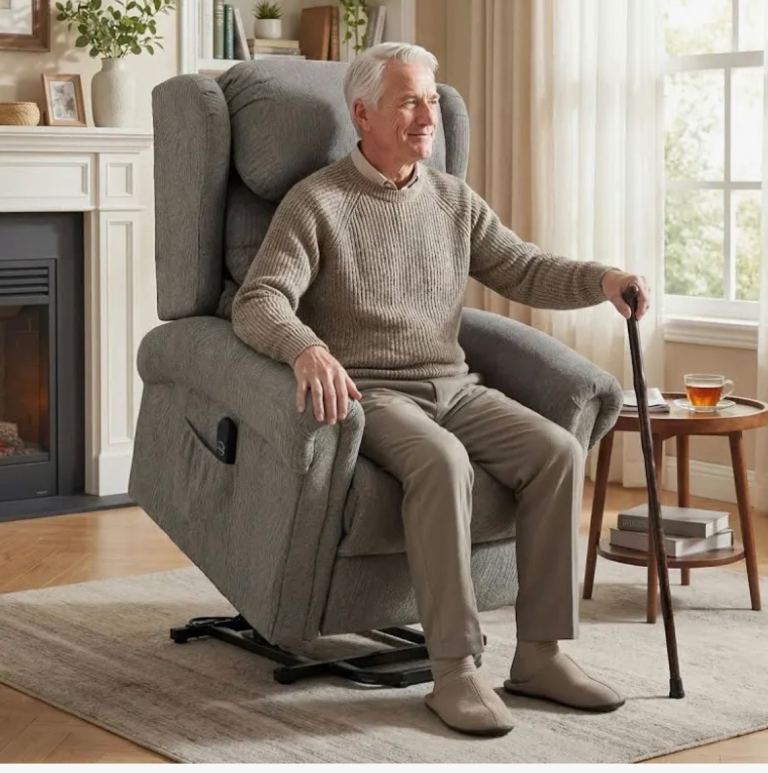 Grey suede lift armchair 