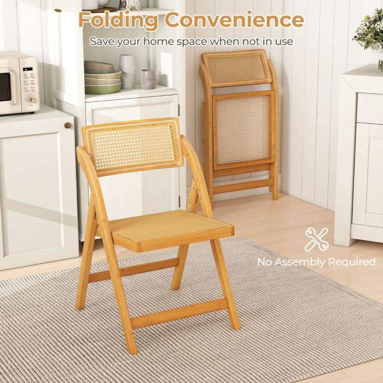 Set of 2 Boho Accent Rattan Cane Folding Chairs Bamboo Wooden Dining Chairs BRAND NEW IN BOX