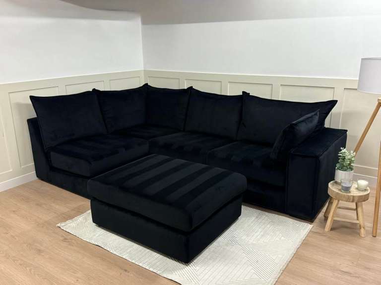 DFS Lovise Black Velvet Corner Sofa with Footstool RRP:£1,728 DELIVERY AVAILABLE