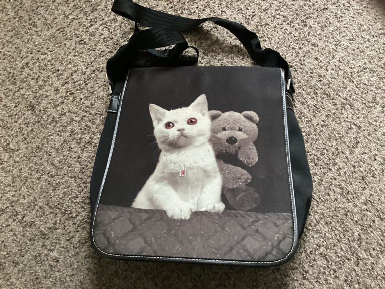 Black Shoulder Bag with Cat and Teddy Bear Print