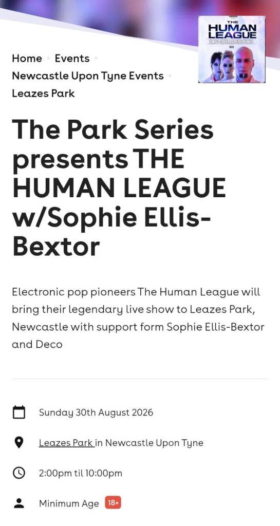 The Human League & Sophie Ellis-Bextor Concert Ticket – Leazes Park