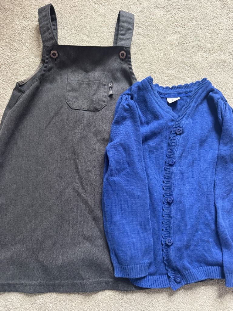 Girls school uniform bundle grey pinafore dress & blue cardigan age 3-4 TU