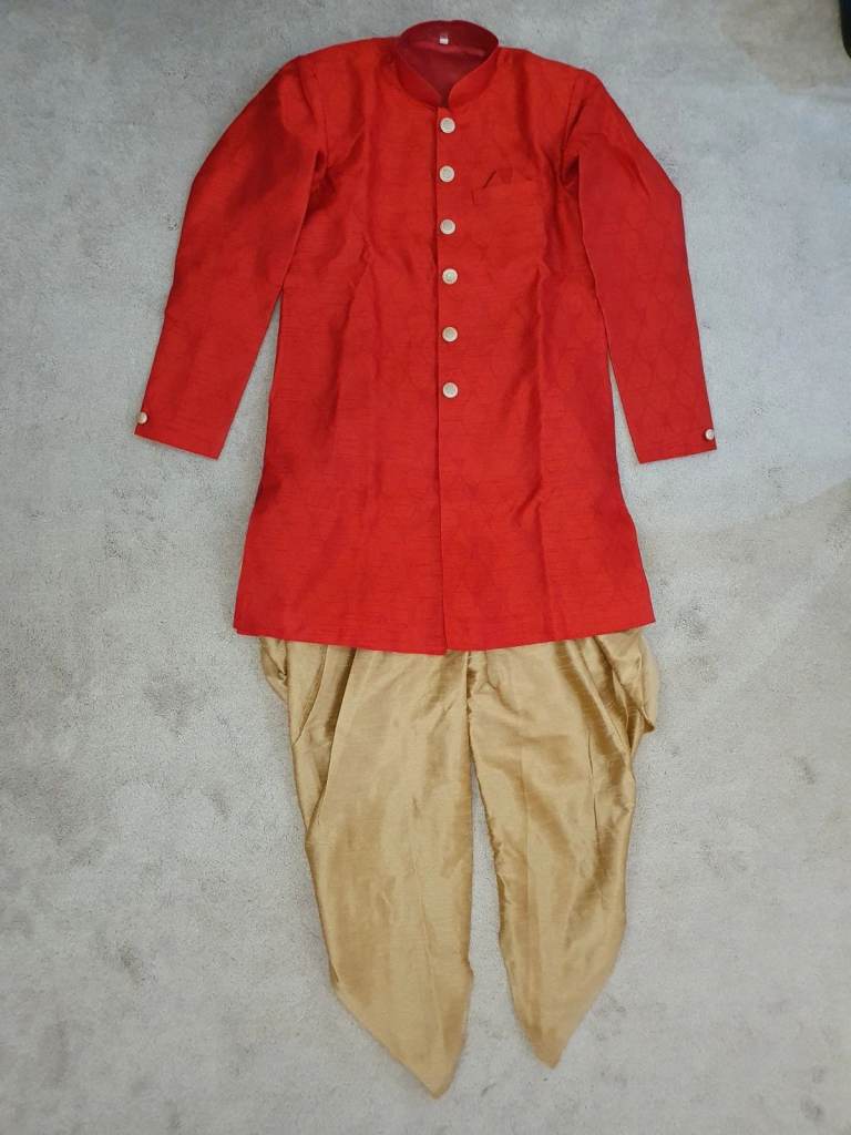 NEW Traditional Indian Menswear Outfit - Red Kurta & Gold Dhoti