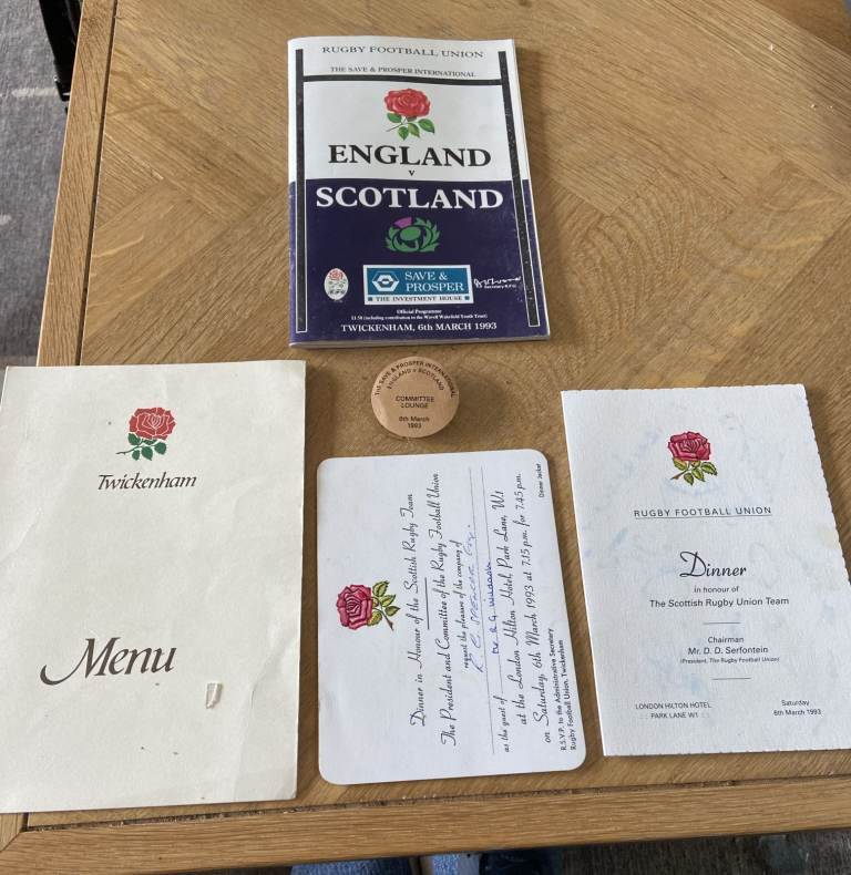 Rugby Signed Autographed ENGLAND v SCOTLAND 1993 PROGRAMME Dinner invite, Menu