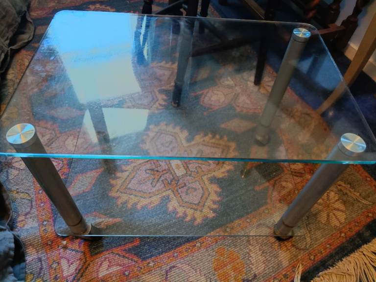 Glass side table / trolley on wheels