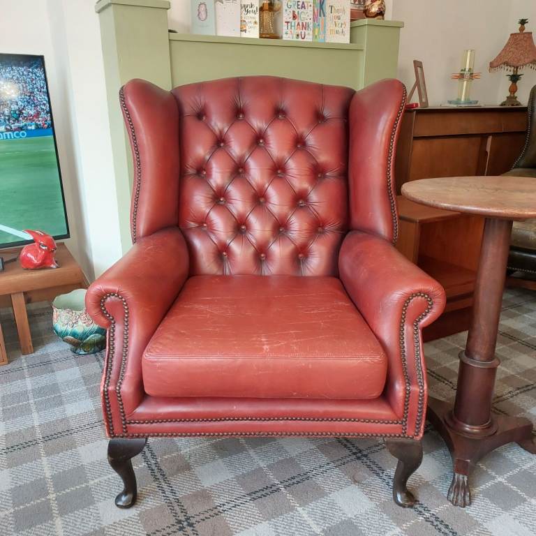 Red Leather Chesterfield Button Back Wingback Armchair 