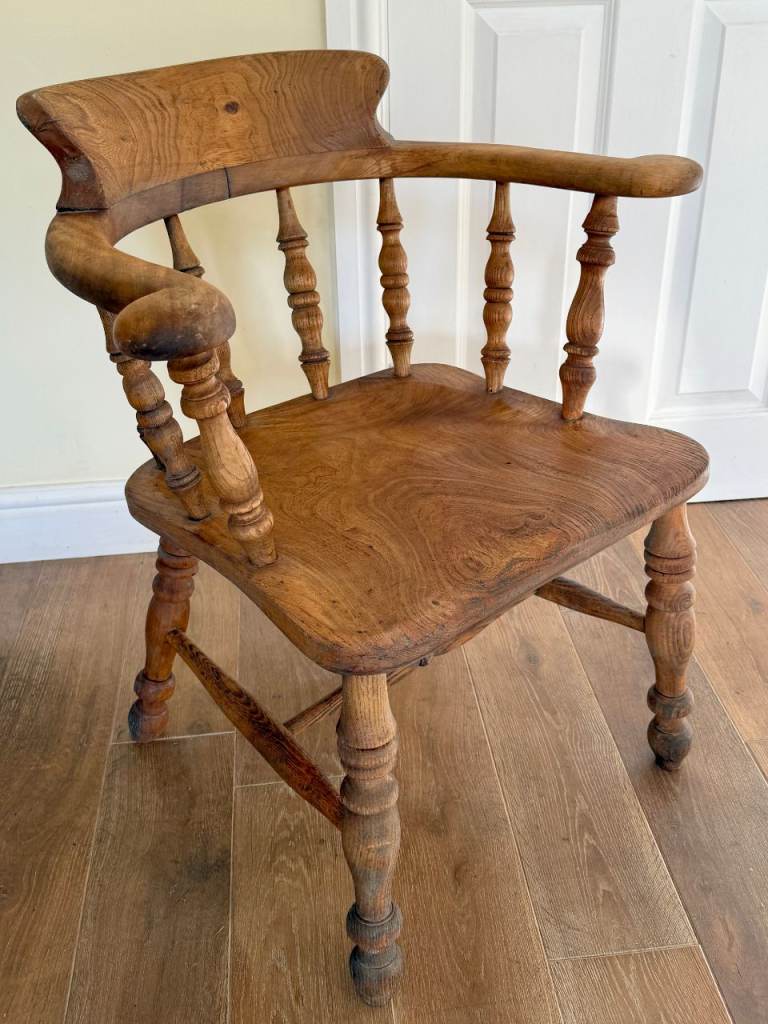 Antique VictorianElm Captains Smokers Bow Chair  