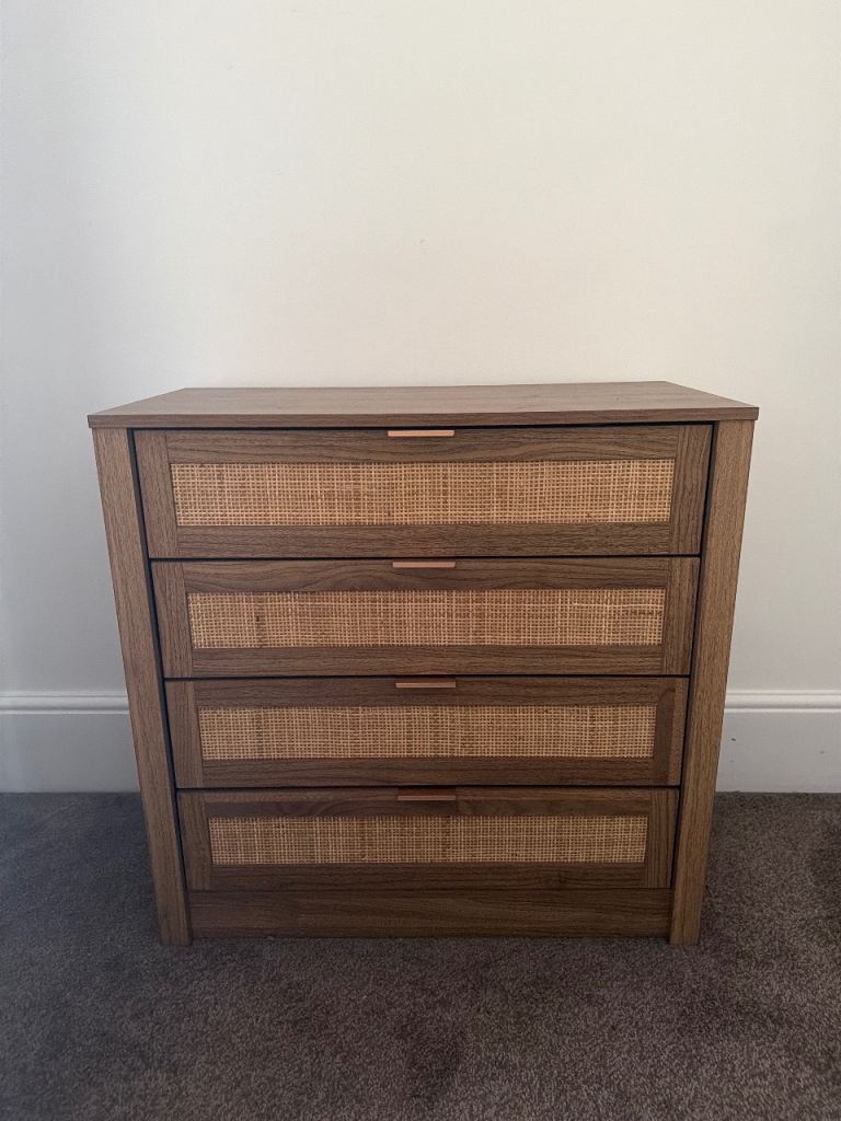 Wooden Chest of 4 Drawers with Rattan Detail