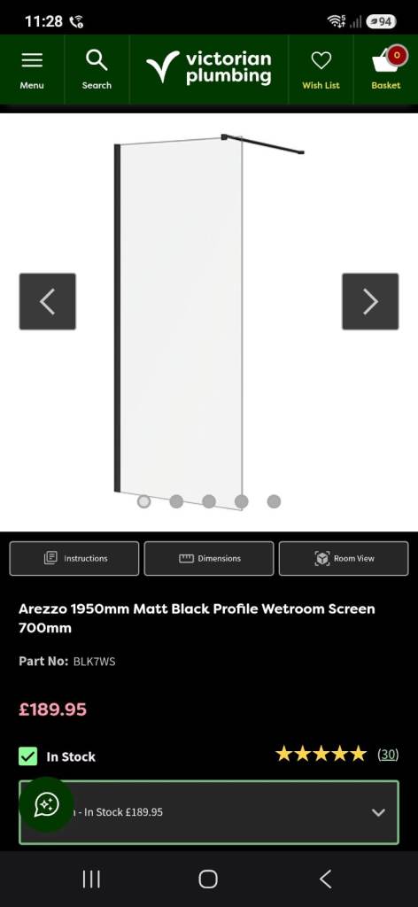 Arezzo 1950mm Matt Black Wetroom Shower Screen 700mm